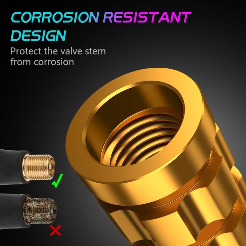 QUARKACE Tire Valve Stem Caps 4 Pack - Rustprood & Fade Resistant Metal Tire caps, Universal Fit for Cars/Trucks/Motorcycles/Bikes (Gold) - Image 3